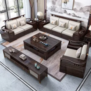 Classic Solid Wood Living Room Sofa Set with Coffee Table