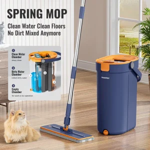Cleaning Stainless Steel Mop and Bucket Set with Magic Handle 2 Refills and Wringer for Dirty Water Separation