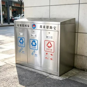 Clear Labeling Triple Compartment Stainless Steel Outdoor Waste Bin Durable Garbage Can for Shopping Mall Decor