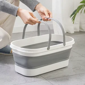 Collapsible Plastic Bucket with Wheels for House Cleaning, Camping, Multi Purpose Rectangular Handy Basket for Cleaning Mop