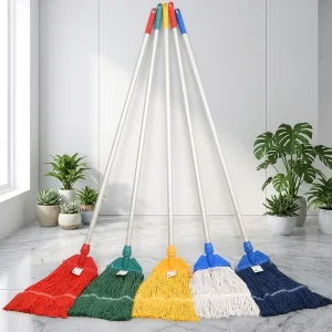 Color Coded Heavy Duty Looped End Cotton with Matching Handle Connector Loop Mop Set of 5 for Hotel Hospital Commercial Cleaning