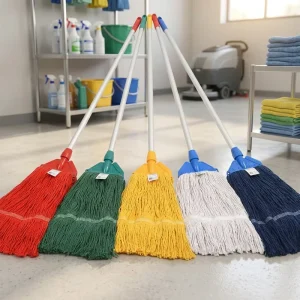 Color Coded Wet Mop Complete Set with Metal Handle 5 Colors Loop End Cotton String Mop Commercial Janitorial Cleaning