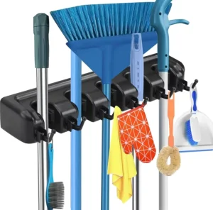Combo 5 Slot Broom Holder Adhesive Mop Gripper No Drilling Wall Mount Tool Organizers for Kitchen