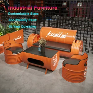 Commercial Grade Oil Drum Wrought Iron Sofa and Coffee Table Set for Industrial Dining
