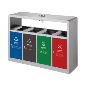 Commercial Rubbish Waste Bin Large Metal Stainless Steel Recycling Bin 4 Compartment Sorting Trash Can