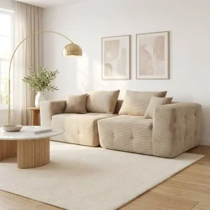 Compressed Sofa Cream Corduroy Modular Sectional Couch Tufted Deep Seat Chaise Minimalist Apartment Friendly Sponge