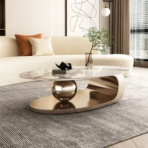 Contemporary Home Oval Gold Stone Top Center Table Metal Living Room Furniture Modern Luxury Marble Slate Coffee Table