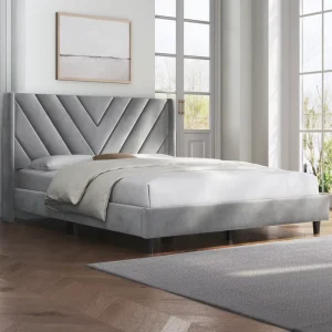 Contemporary Modern Design Platform Bed Base Light Grey Upholstered Fabric King Size Bed Frame Metal Up Holstered Bed