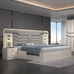 Contemporary Wood Frame Double Leather King-Size Bed Modern Full Wooden Bedroom Furniture Set