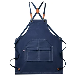 Cotton Blend Canvas Apron with Custom Logo Crossed Shoulder Straps Large Pockets Heavy Duty Washable for Coffee Shop Baristas