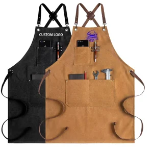 Cotton Canvas Bib Chef Apron for Restaurant Bar Cafe Use Custom Logo Cross Back with 2 Pockets for Kitchen Staff