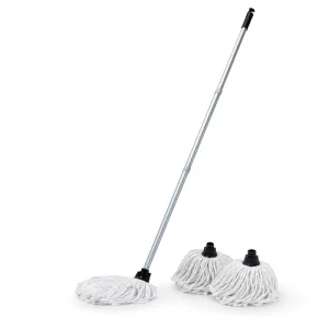 Cotton String Wet Mop With Telescopic Aluminum Pole 2 Extra Replacement Mop Heads Water Absorbent Floor Cleaning Mop