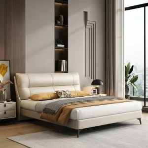 Cream Beige Upholstered Queen Storage Bed with Hydraulic Lift and Padded Headboard