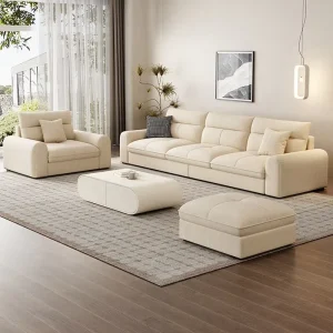 Cream Fabric Convertible Tufted Sectional Sofa for Hotel Villa Living Room