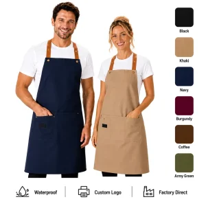 Custom Barista Apron with Elastic Back Strap Waterproof Canvas Coffee Shop Uniform OEM Logo Printing