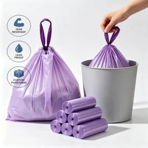 Custom Color Scented HDPE Degradable Disposable Drawstring Garbage Bags 4-Gallon Purple Rolls for Household Use Food