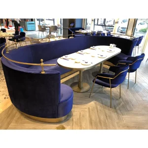 Custom Commercial Hotel Furniture Blue U Shape Booth Seating Modern Restaurant Sofa Bench for Sale Dining Tables Wood