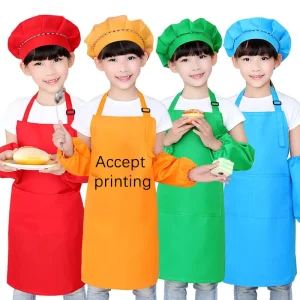 Custom Cooking Baking Apron with Pocket Cotton Children Painting Cooking Set Adjustable Kids Apron and Chef Hat Set