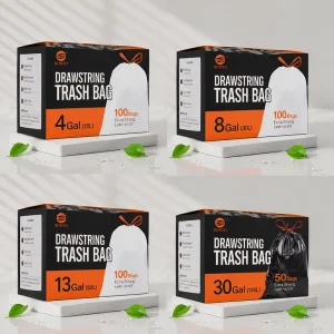 Custom Drawstring PE HDPE Trash Bags Heavy Duty Tear Resistant Kitchen Garbage Bags 4 8 13 30 Gallon White Bin Liners