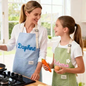 Custom Kids Handmade Embroidery Stripe Linen Apron Waterproof Oil Proof Breathable Kitchen Work Apron