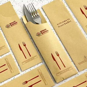 Custom Kraft Paper Cutlery Bag Restaurant Fork Knife Spoon Chopsticks Sleeve with Napkin