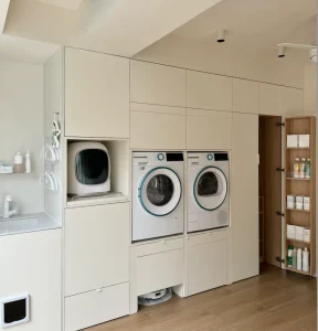 Custom Laundry Room Cabinet with Built Washer Dryer Space Saving for Home Laundry Storage Unit