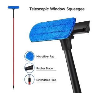 Custom Logo 2 in 1 Telescopic Window Squeegee with Microfiber Pad & Rubber Blade Extendable Long Pole Window Cleaner Tool