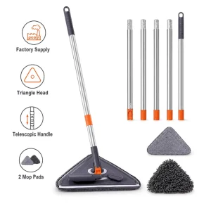 Custom Logo 360 Rotating Triangle Mop Telescopic Handle Wall Ceiling Window Cleaning Tool with 2 Mop Pads Factory Supply
