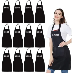 Custom Logo Black Restaurant Waiter Waitress Waterproof Apron BBQ Cook Chef Kitchen Apron for Women Men with Pocket