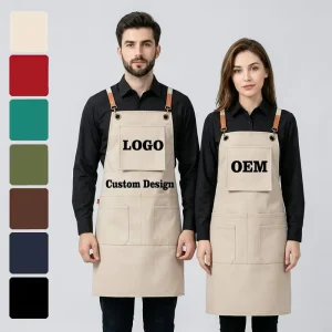 Custom Logo Canvas Chef Apron with Adjustable Neck Strap Heavy Duty Bib Pockets Washable Reusable Men Women Cooking Gardening