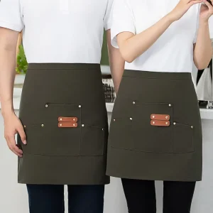 Custom Logo Canvas Waterproof Short Half Apron Waiter Uniform with 3 Pockets for Waitress or Baking