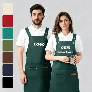 Custom Logo Cotton Canvas Cross Back Chef Bartender Apron Heavy Duty Adjustable with Large Pockets Fashionable & Washable