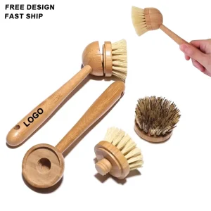 Custom Logo Detachable Cleaning Brush Cleaning Kitchen Scrub Brush for Dish 100% Bamboo Handle Sisal Bristles Replacement Brush