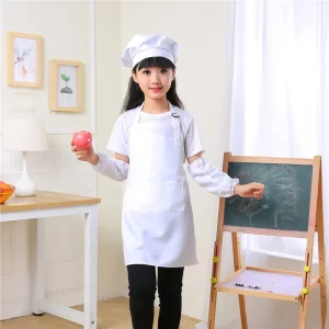 Custom Logo Eco-friendly Durable Unisex Kids Cooking Painting Bib Set White Cotton Polyester Sleeveless Apron Chef Hat Cleaning