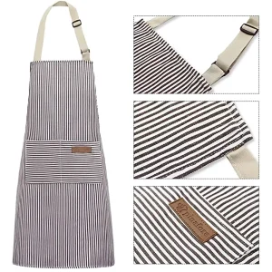 Custom Logo High Quality Adjustable Buckle Custom Polyester Cotton Kitchen Apron Baking Apron Striped Apron with 2 Pockets