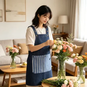 Custom Logo High Quality Large Pocket Woven Cotton Reusable Soft Daily Fashion Washed Denim Kitchen Bib Apron