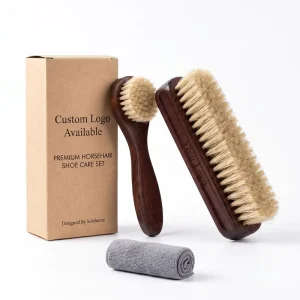 Custom Logo Horsehair Shoe Brush Premium Lotus Wood White Horse Hair Shining Dauber Cleaning Brush