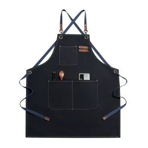 Custom Logo Kitchen Restaurant Sleeveless Bib Apron Washable Cotton with Cleaning Pockets