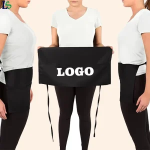 Custom Logo Pockets Polyester Waist Apron Commercial Restaurant Kitchen Half Short Bib with Extra Long Waist Ties