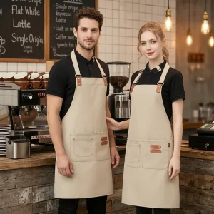 Custom Logo Printed Washable Water Resistant Reusable Durable Canvas Waist Bib Apron for Restaurant Milk Tea Cafe Chef Kitchen