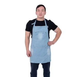 Custom Logo Sleeveless Bib Cotton Denim Apron for Adults Women Waiter Waitress Kitchen Use Washable 2 Pockets Printing