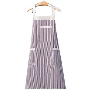 Custom Logo Striped Polyester Cotton Sleeveless Aprons Adjustable Straps Pockets for Adult Kitchen Cleaning Available