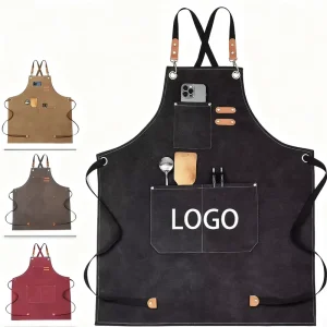 Custom Logo Unisex Kitchen Chef Apron Cross Back for Men Women with Adjustable Strap and Large Pockets Cotton Canvas Comfortable