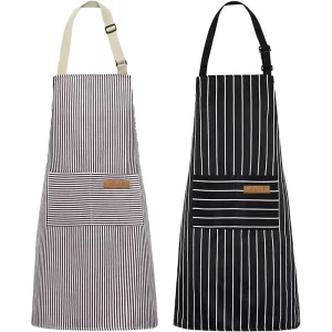 Custom Logo Unisex Stripe Adjustable Neck Strap Soft Eco Friendly Oil Resistant Polyester Cotton Bib Chef Kitchen Cooking Aprons
