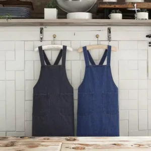 Custom Logo Vintage Blue Jeans Restaurant Coffee Barista Bartender Bib Cotton Denim Cross Back Apron