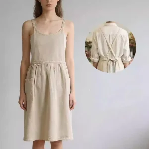 Custom Logo Women’s Cotton Linen Cross Back Bib Apron Washable Sleeveless Eco friendly Embroidered Design for Restaurants Food