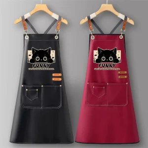 Custom Logo Women’s Sleeveless Bib Apron PU Leather Heavy Duty Waterproof Oil-Resistant Cooking Kitchen Apron Chinese Style
