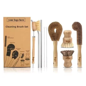 Custom Logo Wooden Eco Friendly Kitchen Cleaning Brush Set with Bamboo Handle and Beech Bristles for Dish Cleaning