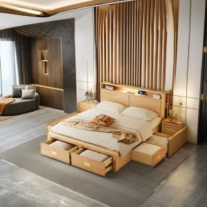 Custom Modern Simple Solid Pine Wood Bedroom Furniture Set Large Single Bed Soft Storage Space for Home Hotel Queen King