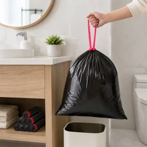 Custom PE Black and White Drawstring Recycled Plastic Trash Bags Rolled Drawstring Garbage Bags